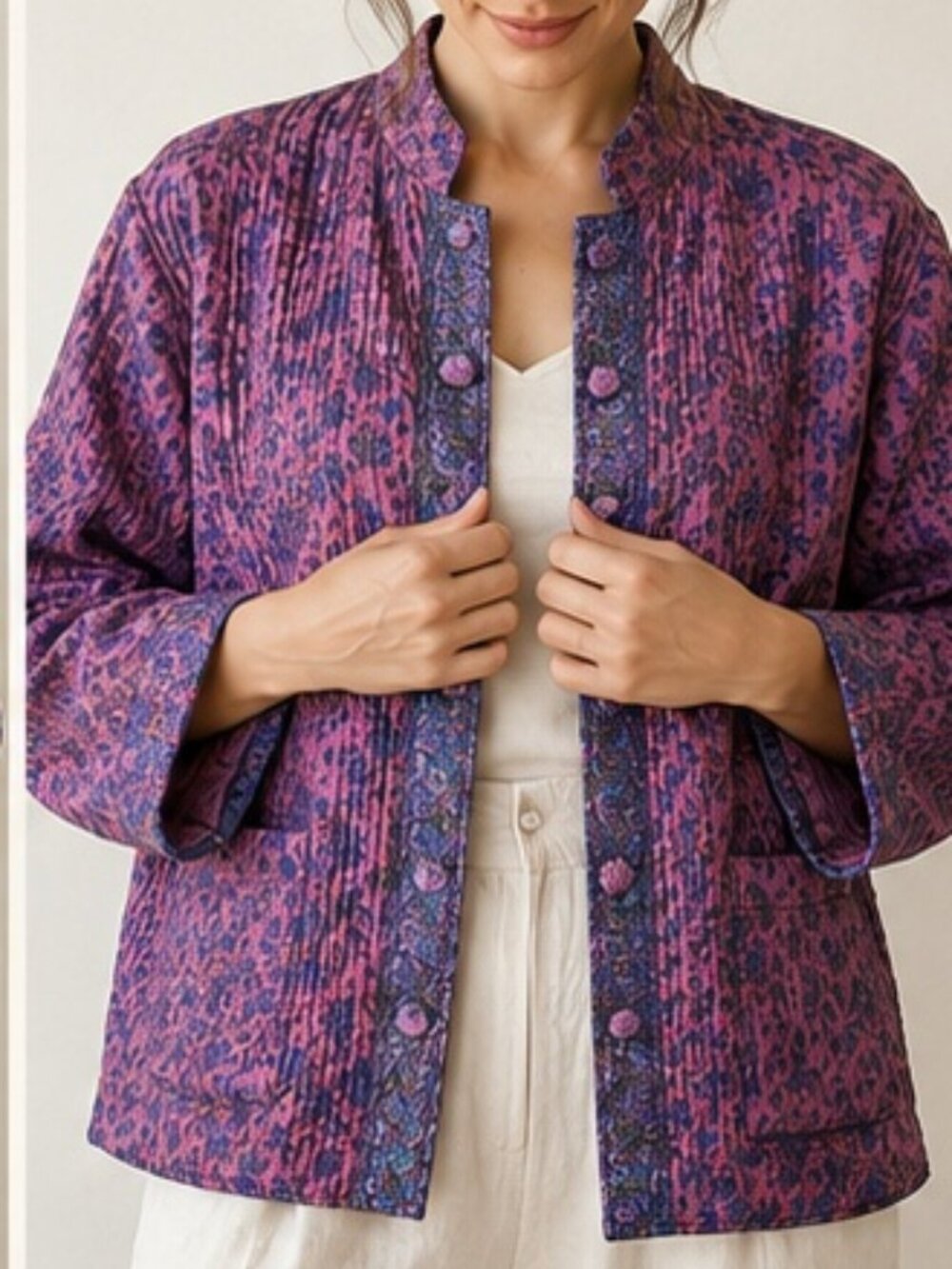 ANU Women XL 100% Silk Quilted Jacket Purple Floral India Boho Style Reversible
